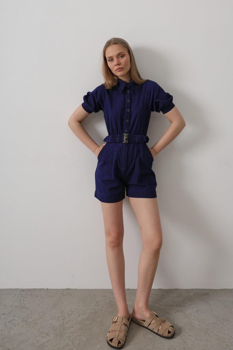 Shirt Collar Gabardine Jumpsuit - Indigo - Brand: Reyon - Women's Clothing Wholesale - Globality Store