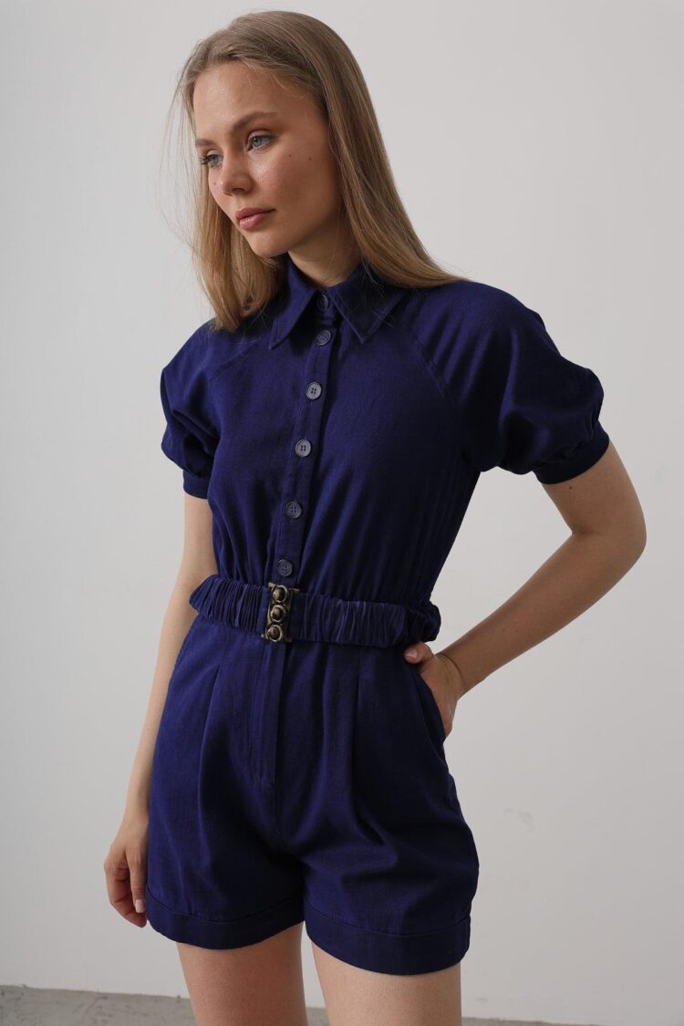 Shirt Collar Gabardine Jumpsuit - Indigo