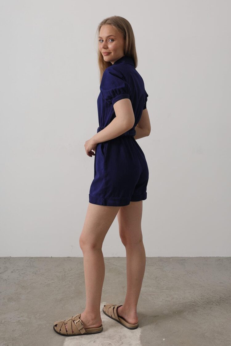 Shirt Collar Gabardine Jumpsuit - Indigo