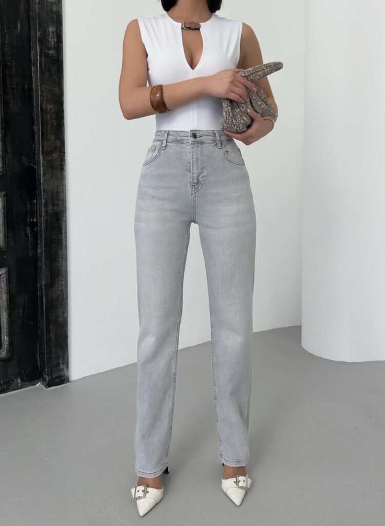 High Waist Pipe Cut Light Gray Jeans
