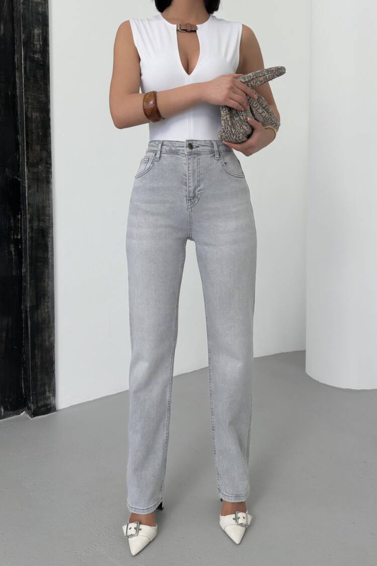 High Waist Pipe Cut Light Gray Jeans