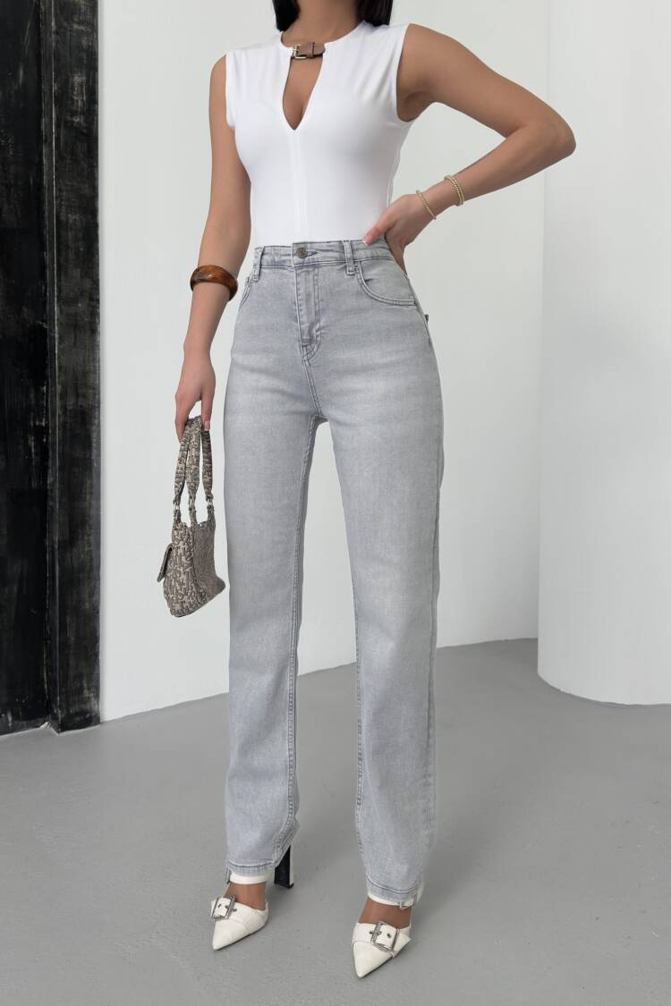 High Waist Pipe Cut Light Gray Jeans