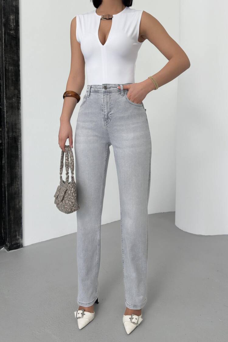 High Waist Pipe Cut Light Gray Jeans
