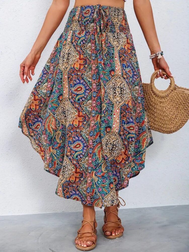 Women's Elastic Waist Lace-up Asymmetric Cut Detailed Pattern Ruffle Skirt - Mix Color - Brand: Janes - Women's Clothing Wholesale - Globality Store