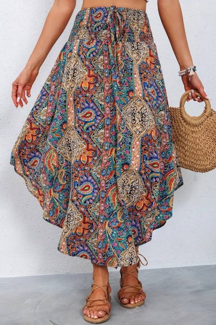 Women's Elastic Waist Lace-up Asymmetric Cut Detailed Pattern Ruffle Skirt - Mix Color - Brand: Janes - Women's Clothing Wholesale - Globality Store