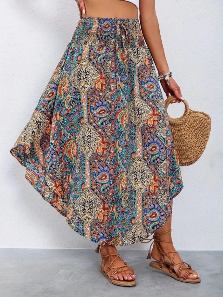 Women's Elastic Waist Lace-up Asymmetric Cut Detailed Pattern Ruffle Skirt - Mix Color