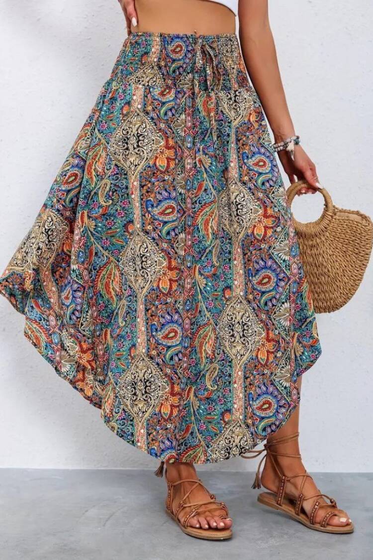 Women's Elastic Waist Lace-up Asymmetric Cut Detailed Pattern Ruffle Skirt - Mix Color