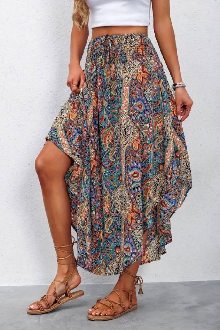 Women's Elastic Waist Lace-up Asymmetric Cut Detailed Pattern Ruffle Skirt - Mix Color