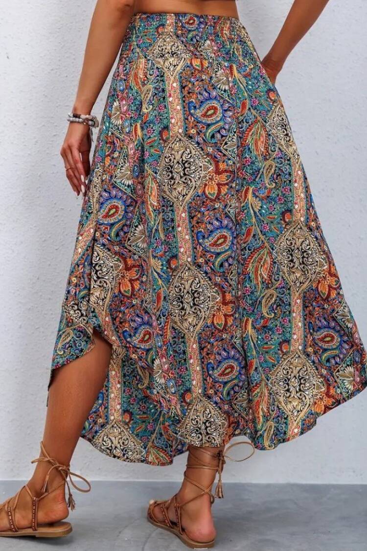 Women's Elastic Waist Lace-up Asymmetric Cut Detailed Pattern Ruffle Skirt - Mix Color