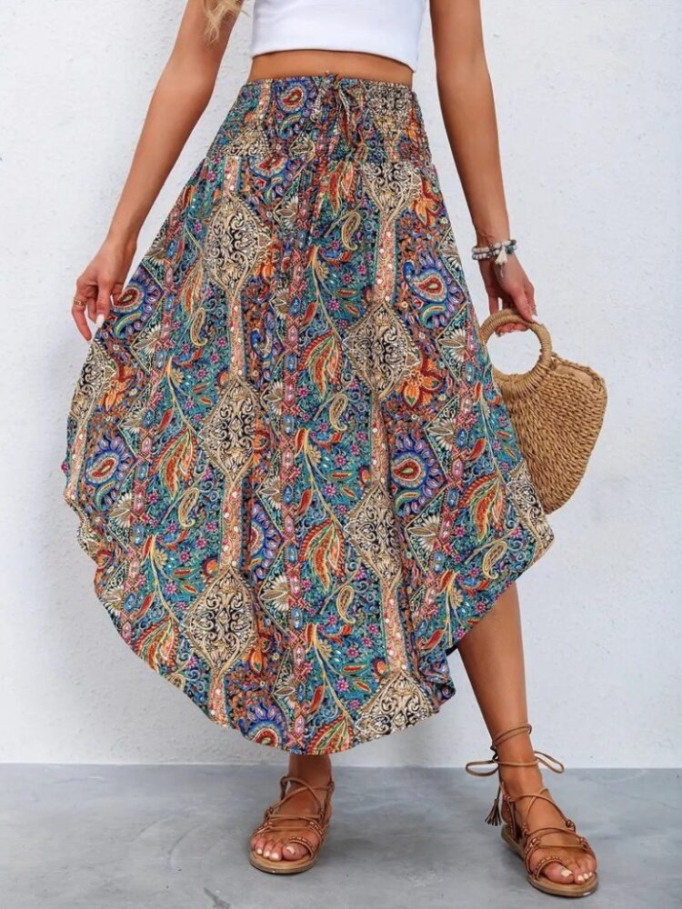 Women's Elastic Waist Lace-up Asymmetric Cut Detailed Pattern Ruffle Skirt - Mix Color