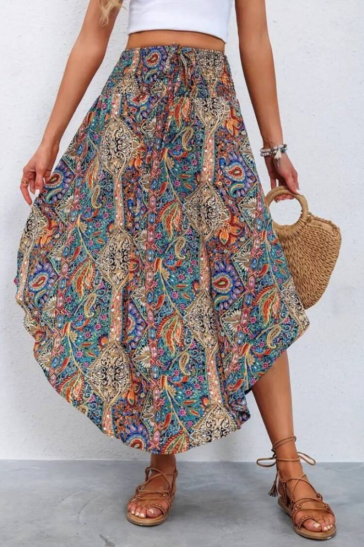 Women's Elastic Waist Lace-up Asymmetric Cut Detailed Pattern Ruffle Skirt - Mix Color
