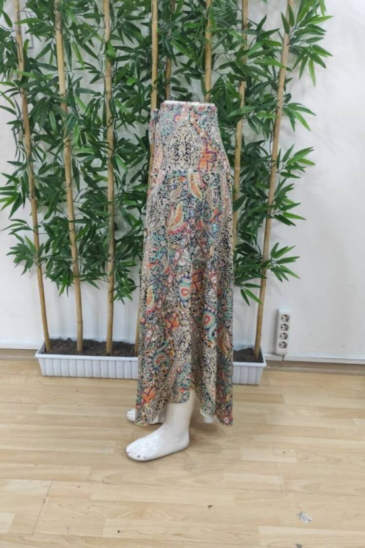 Women's Elastic Waist Lace-up Asymmetric Cut Detailed Pattern Ruffle Skirt - Mix Color