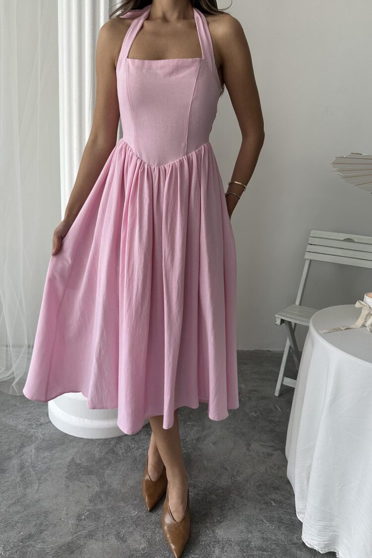 WholesaleNeck Tie Up Linen Dress