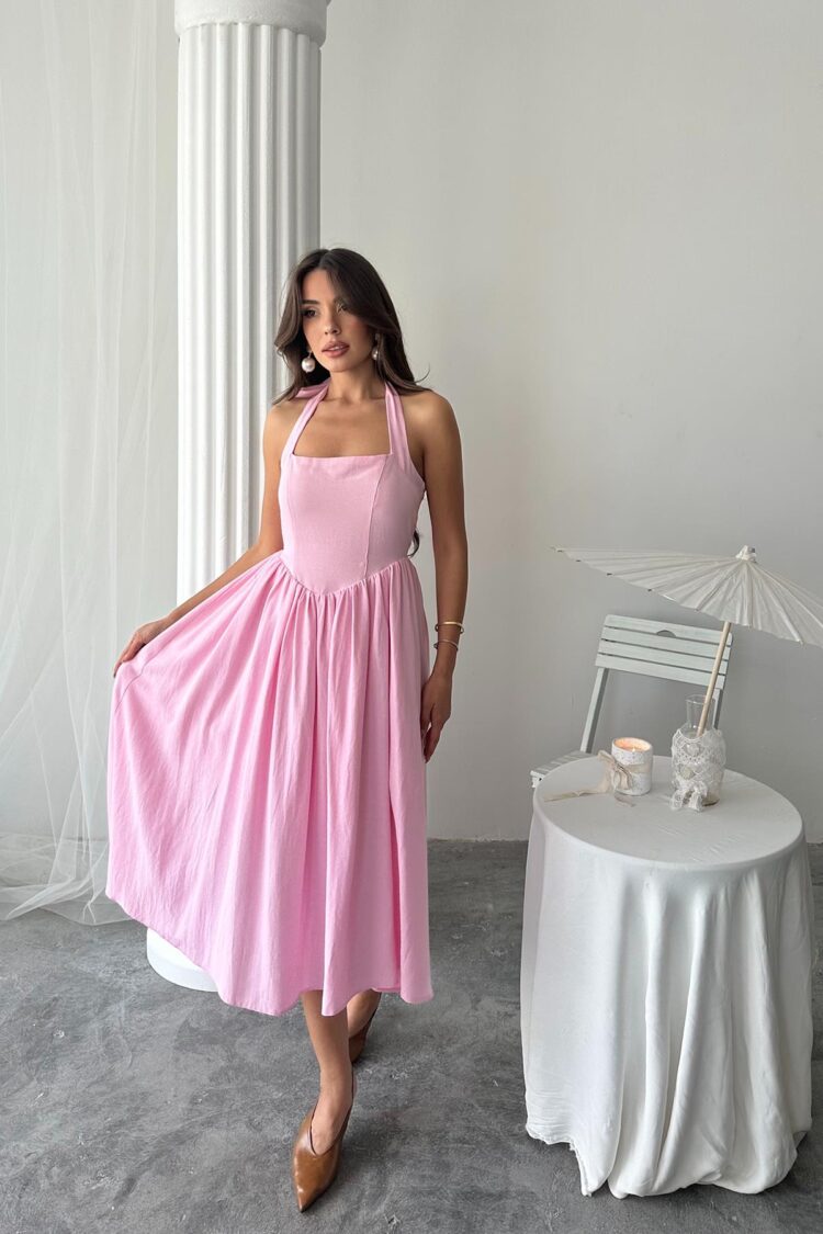 WholesaleNeck Tie Up Linen Dress