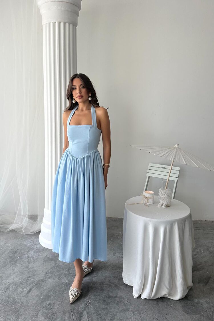 WholesaleNeck Tie Up Linen Dress - Brand: Elisa - Women's Clothing Wholesale - Globality Store