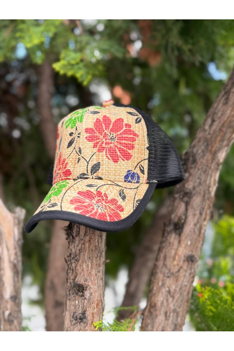 Floral Pattern Straw Cap Hat - Beige - Brand: Axesoire - Women's Clothing Wholesale - Globality Store