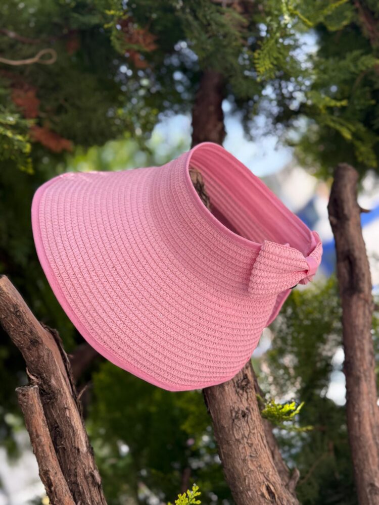 Wide Top Open Straw Visor Hat With Bow
