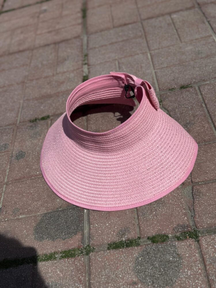 Wide Top Open Straw Visor Hat With Bow