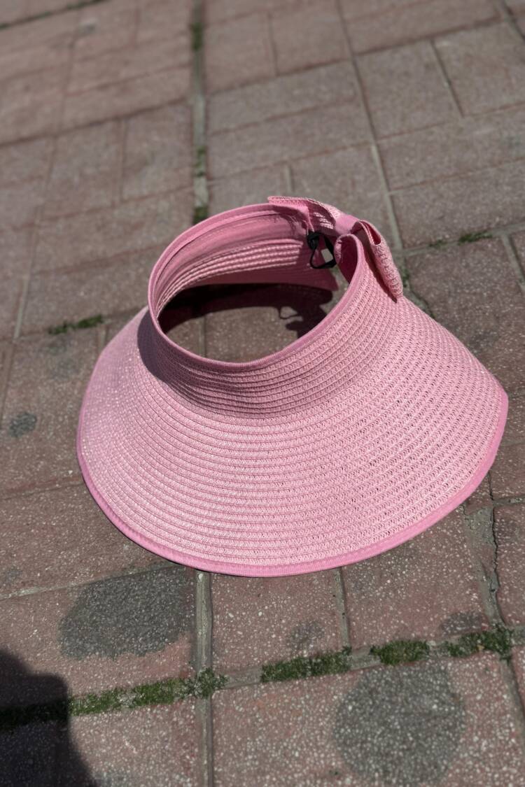 Wide Top Open Straw Visor Hat With Bow