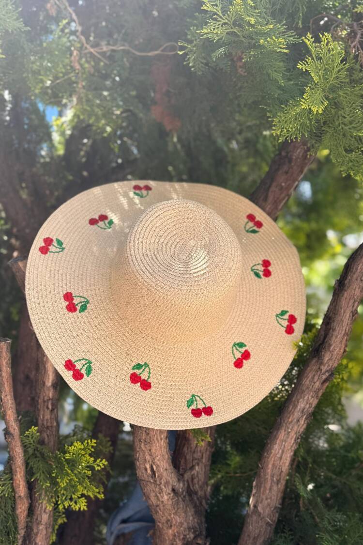 Cherry Embroidered Wide Straw Hat