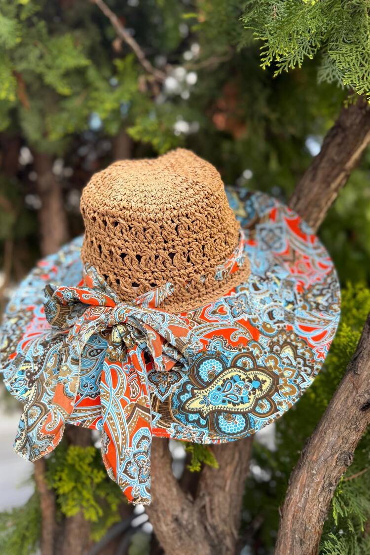 Patterned Wide Brimmed Straw Hat - Brand: Axesoire - Women's Clothing Wholesale - Globality Store
