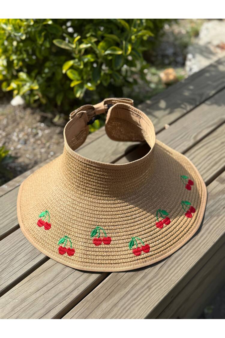 Wide Top Open Straw Visor Hat With Cherry Embroidery With Bow - Brand: Axesoire - Women's Clothing Wholesale - Globality Store