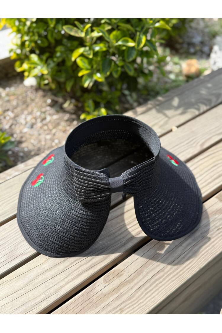Wide Top Open Straw Visor Hat With Cherry Embroidery With Bow