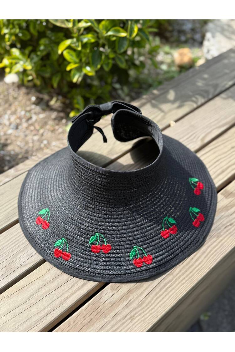 Wide Top Open Straw Visor Hat With Cherry Embroidery With Bow - Brand: Axesoire - Women's Clothing Wholesale - Globality Store