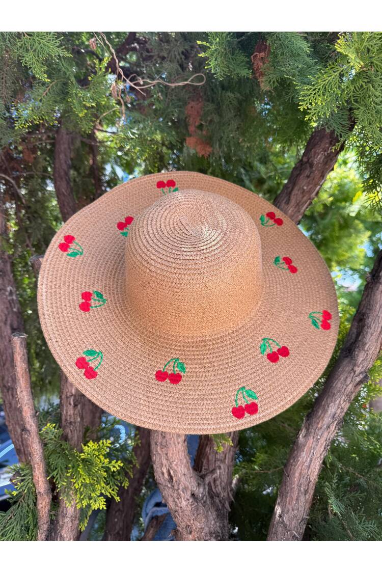 Cherry Embroidered Wide Straw Hat - Brand: Axesoire - Women's Clothing Wholesale - Globality Store