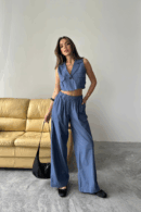 Tencel Crop Sleeveless Shirt - Pants Set - Brand: Ello - Women's Clothing Wholesale - Globality Store