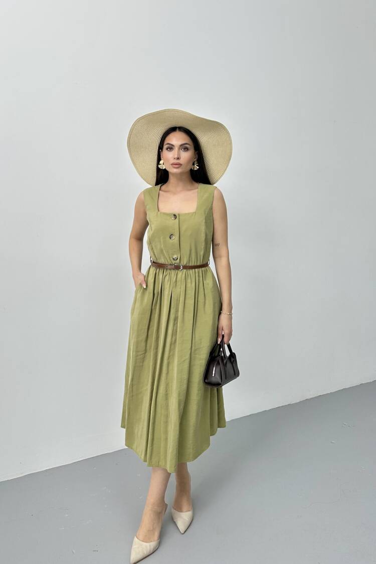 Square Collar Belted Dress