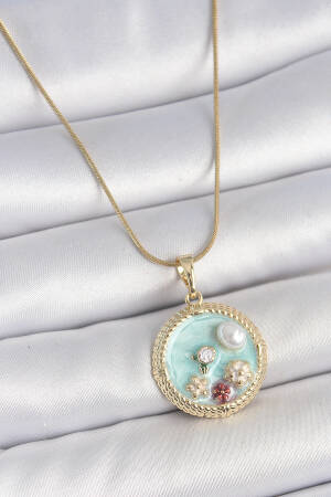 316l Steel Gold Color Chain Blue Enameled Pearl Flower Embroidered Zircon Stone Detailed Locket Model Women Necklace - Brand: Ebijuteri - Women's Clothing Wholesale - Globality Store