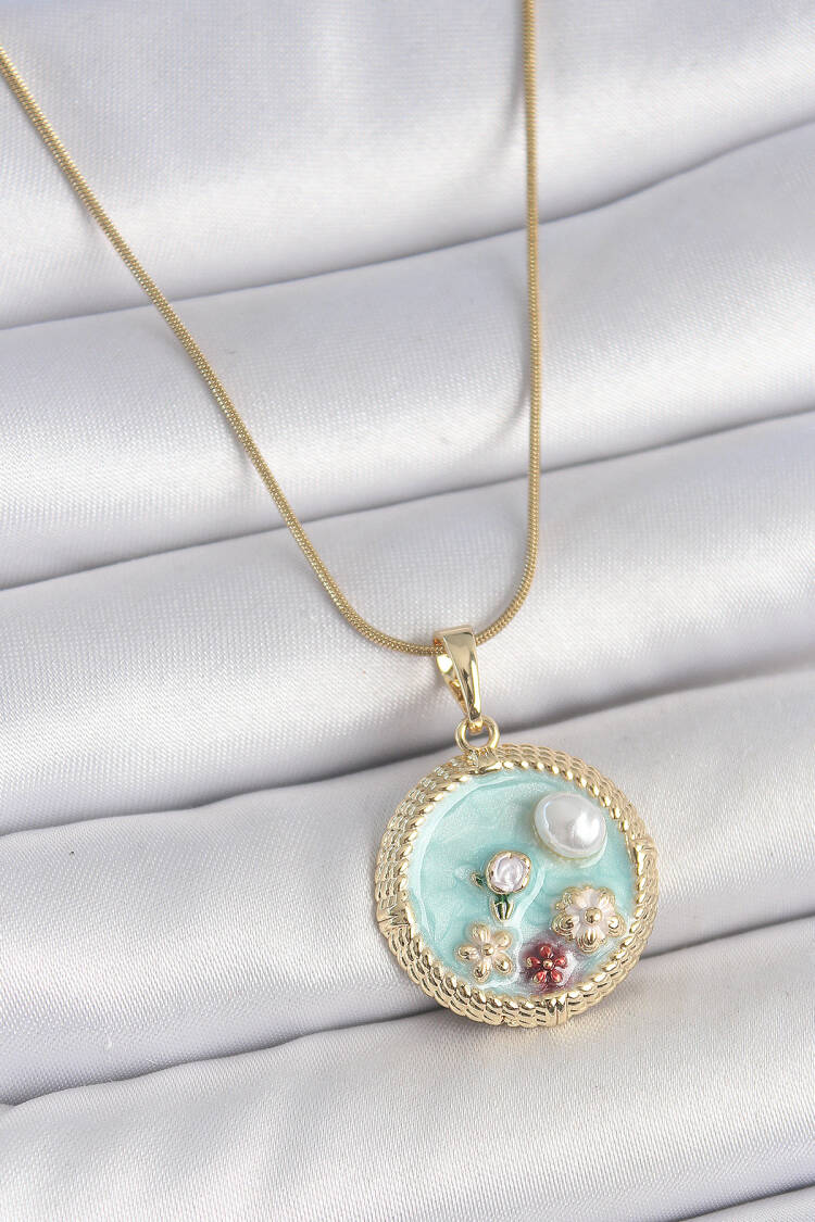 316l Steel Gold Color Chain Blue Enameled Pearl Flower Embroidered Zircon Stone Detailed Locket Model Women Necklace - Brand: Ebijuteri - Women's Clothing Wholesale - Globality Store