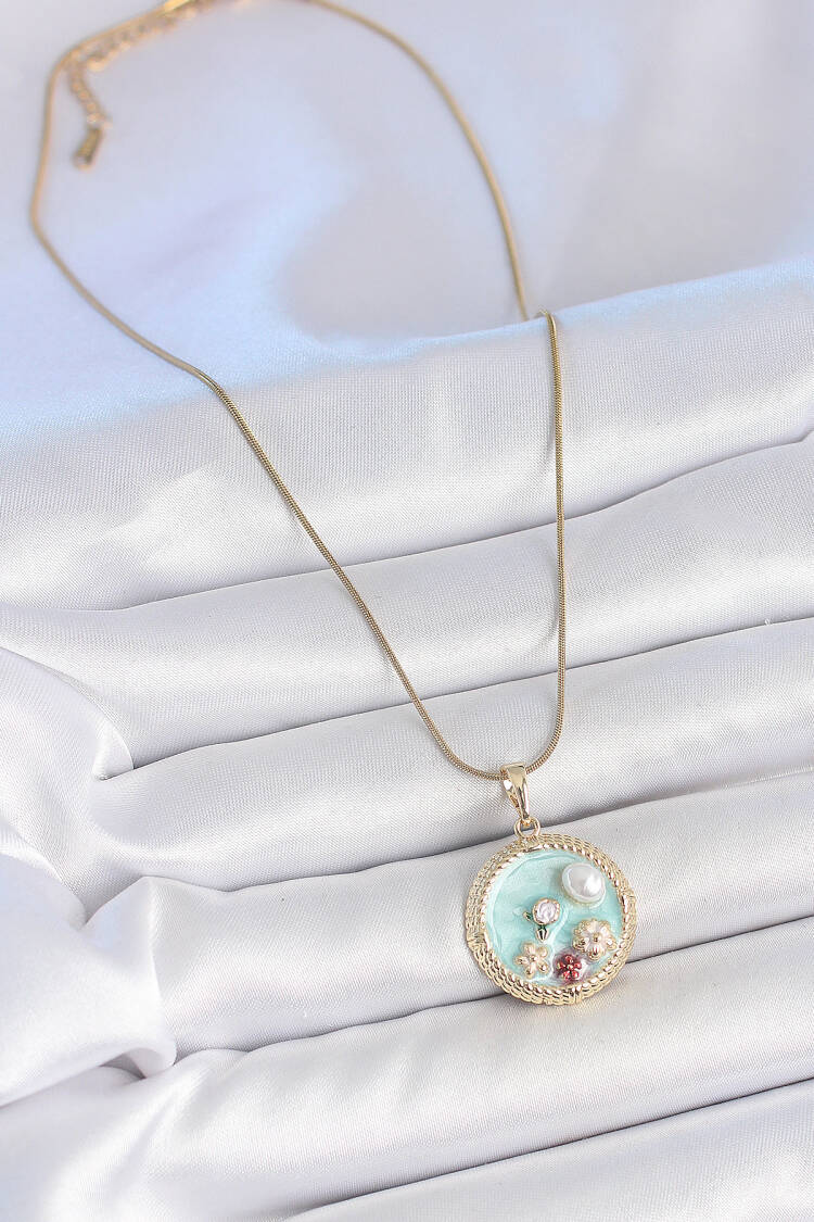316l Steel Gold Color Chain Blue Enameled Pearl Flower Embroidered Zircon Stone Detailed Locket Model Women Necklace