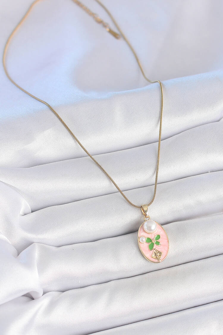316l Steel Gold Color Chain Pink Enameled Oval Pearl Flower Embroidered Portrait Model Women Necklace