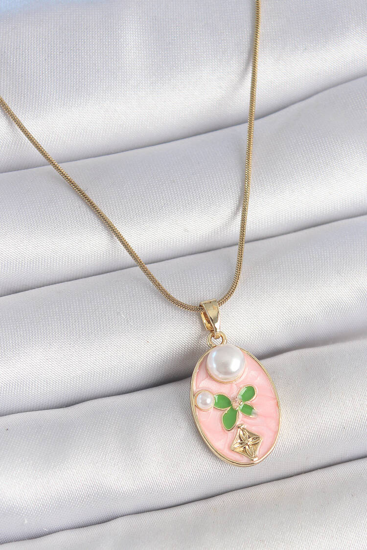 316l Steel Gold Color Chain Pink Enameled Oval Pearl Flower Embroidered Portrait Model Women Necklace - Brand: Ebijuteri - Women's Clothing Wholesale - Globality Store