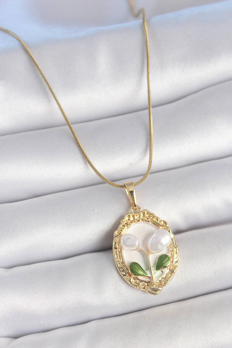 316l Steel Gold Color Chain White Enameled Pearl Flower Embroidered Portrait Model Women Necklace - Brand: Ebijuteri - Women's Clothing Wholesale - Globality Store