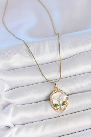 316l Steel Gold Color Chain White Enameled Pearl Flower Embroidered Portrait Model Women Necklace - Brand: Ebijuteri - Women's Clothing Wholesale - Globality Store