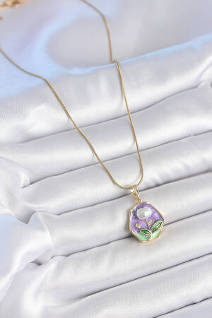316l Steel Gold Color Chain Purple Flower Embroidered Pearl Detail Portrait Model Woman Necklace - Brand: Ebijuteri - Women's Clothing Wholesale - Globality Store