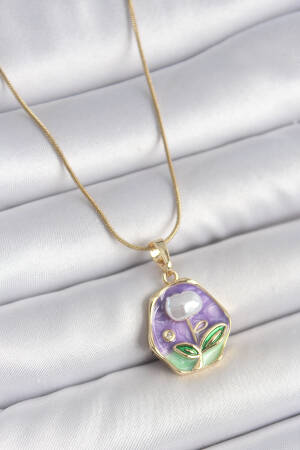 316l Steel Gold Color Chain Purple Flower Embroidered Pearl Detail Portrait Model Woman Necklace - Brand: Ebijuteri - Women's Clothing Wholesale - Globality Store