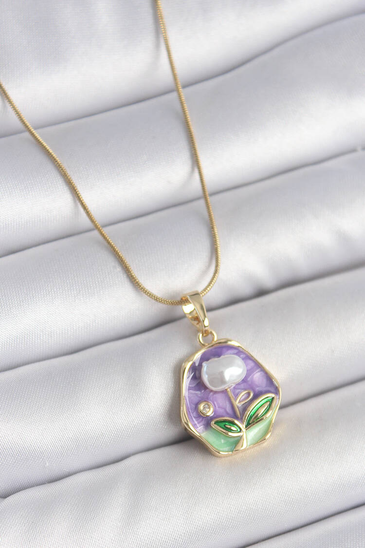 316l Steel Gold Color Chain Purple Flower Embroidered Pearl Detail Portrait Model Woman Necklace - Brand: Ebijuteri - Women's Clothing Wholesale - Globality Store