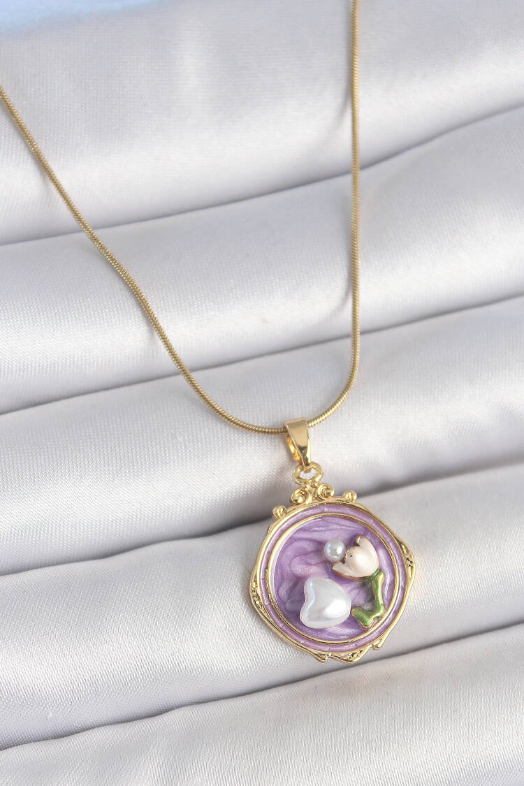 316l Steel Gold Color Chain Purple Enameled Pearl Flower Embroidered Portrait Model Women Necklace - Brand: Ebijuteri - Women's Clothing Wholesale - Globality Store