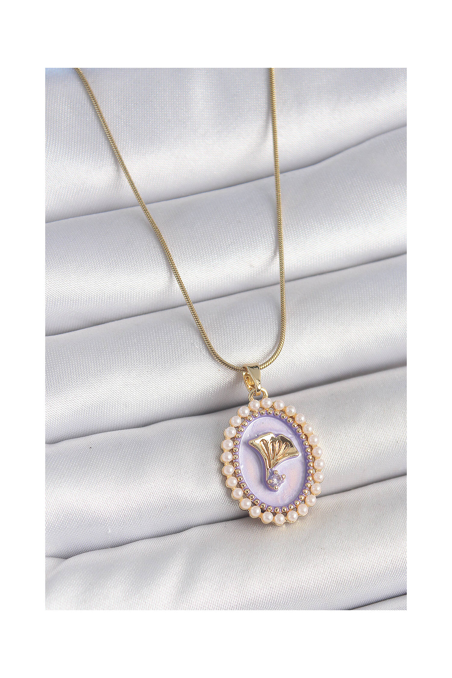 316l Steel Gold Color Chain Purple Enameled Pearl Zircon Stone Flower Embroidered Portrait Model Women Necklace - Brand: Ebijuteri - Women's Clothing Wholesale - Globality Store