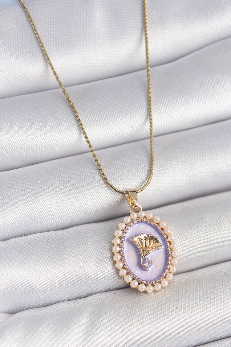 316l Steel Gold Color Chain Purple Enameled Pearl Zircon Stone Flower Embroidered Portrait Model Women Necklace - Brand: Ebijuteri - Women's Clothing Wholesale - Globality Store