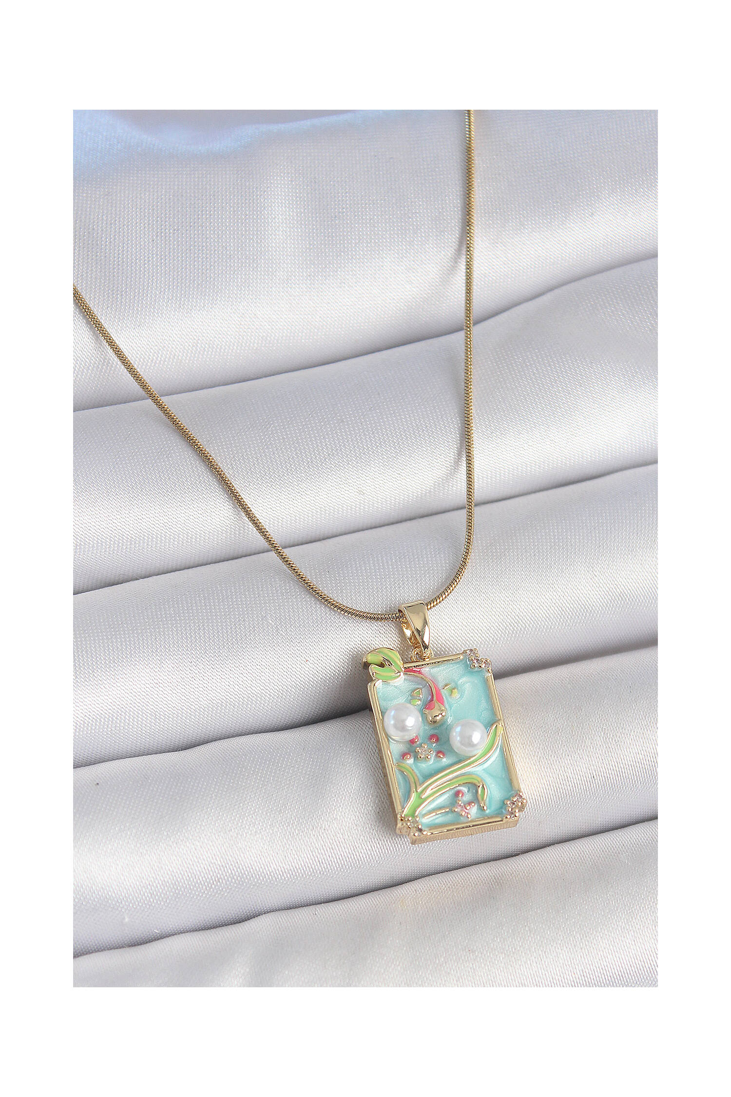 316l Steel Gold Color Chain Blue Enameled Pearl Flower Embroidered Portrait Model Women Necklace - Brand: Ebijuteri - Women's Clothing Wholesale - Globality Store
