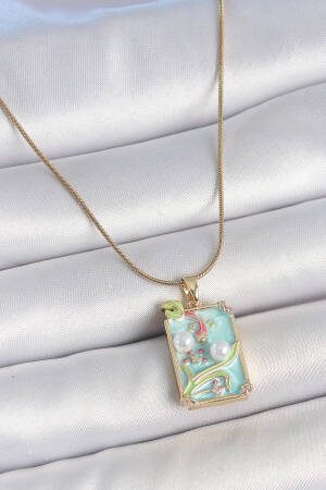 316l Steel Gold Color Chain Blue Enameled Pearl Flower Embroidered Portrait Model Women Necklace - Brand: Ebijuteri - Women's Clothing Wholesale - Globality Store