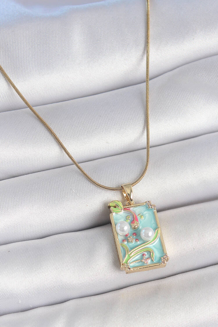 316l Steel Gold Color Chain Blue Enameled Pearl Flower Embroidered Portrait Model Women Necklace - Brand: Ebijuteri - Women's Clothing Wholesale - Globality Store