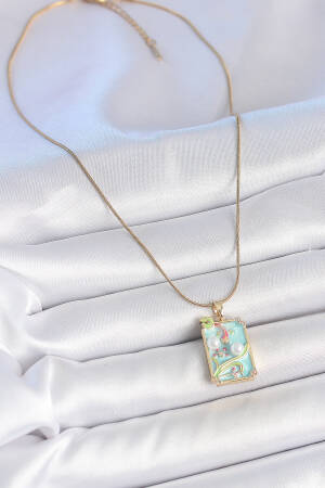 316l Steel Gold Color Chain Blue Enameled Pearl Flower Embroidered Portrait Model Women Necklace - Brand: Ebijuteri - Women's Clothing Wholesale - Globality Store