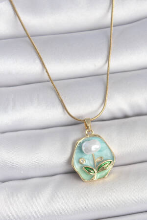 316l Steel Gold Color Chain Blue Flower Embroidered Pearl Embroidered Portrait Model Women Necklace - Brand: Ebijuteri - Women's Clothing Wholesale - Globality Store