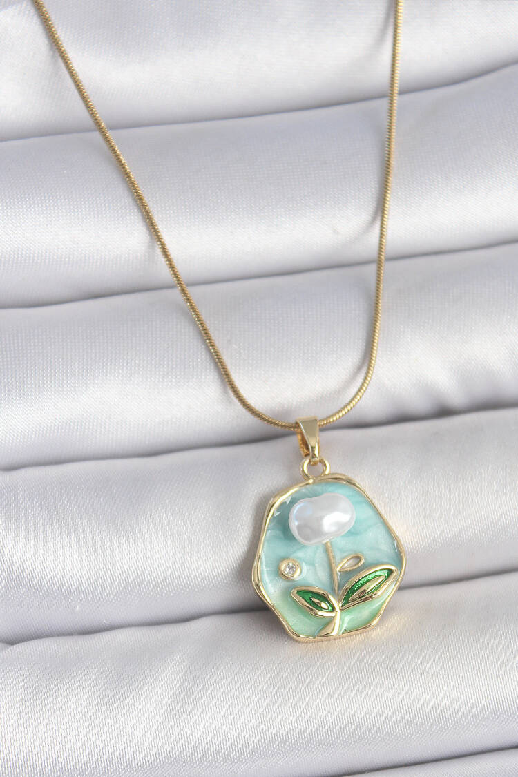 316l Steel Gold Color Chain Blue Flower Embroidered Pearl Embroidered Portrait Model Women Necklace - Brand: Ebijuteri - Women's Clothing Wholesale - Globality Store